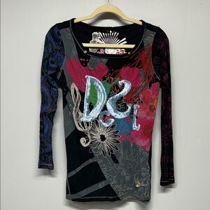 Vtg Desigual Y2K Graphic Top Sequin Embellished Mixed Media Patchwork